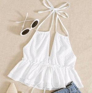 Shein white self tie halterneck plunging top